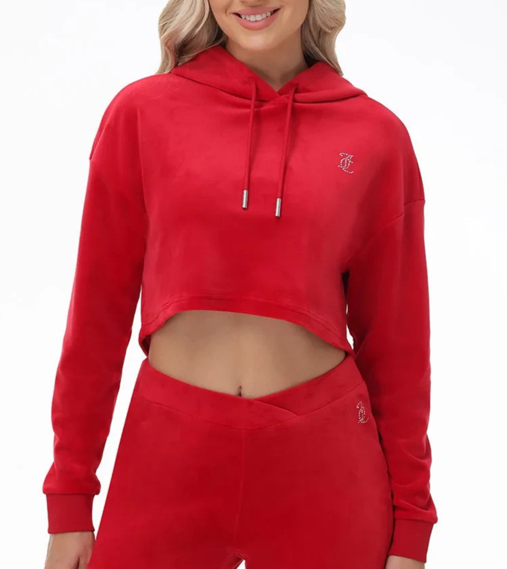 NWT Juicy Couture Big Bling High Low Crop Hoodie Coco Red Pullover Sweatshirt M